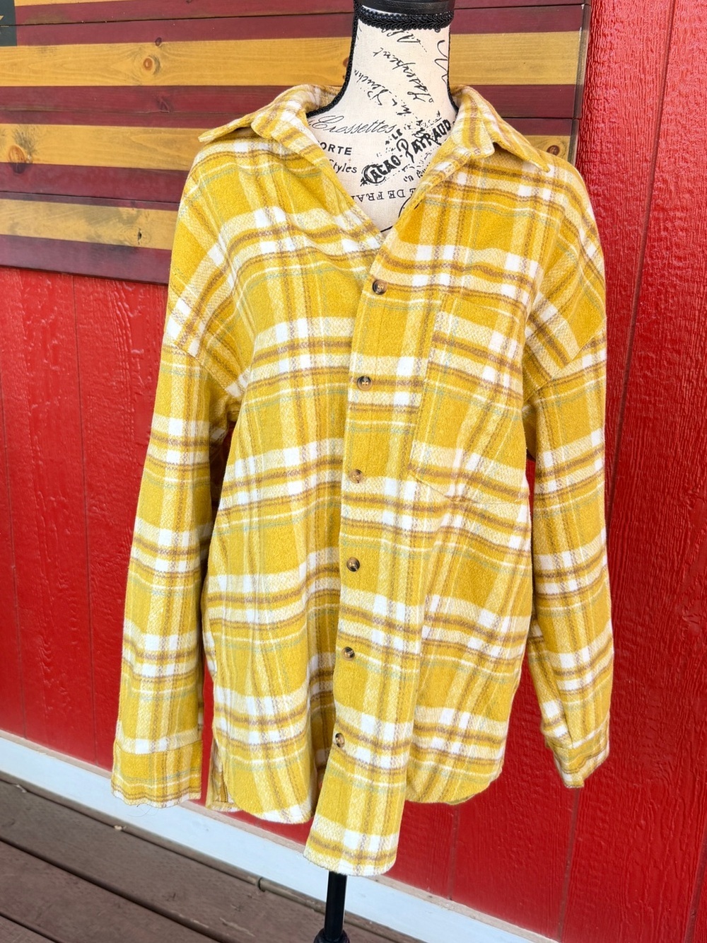 Style Rack Mustard Yellow Plaid Flannel Shacket – Oversized Button Front Jacket - Picture 3 of 6